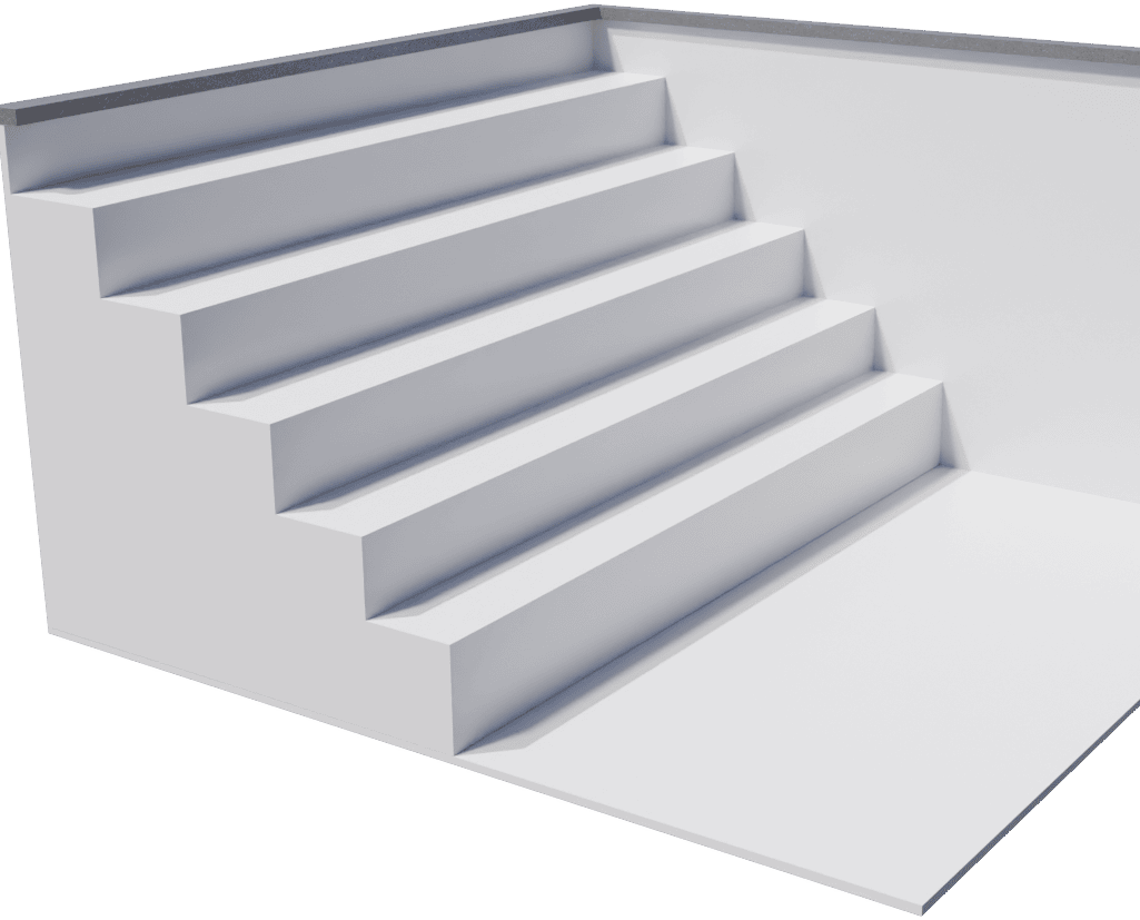 3D-Modell eines Pool-Ecksegments mit einer breiten, fünfstufigen weißen Einstiegstreppe vor transparentem Hintergrund.