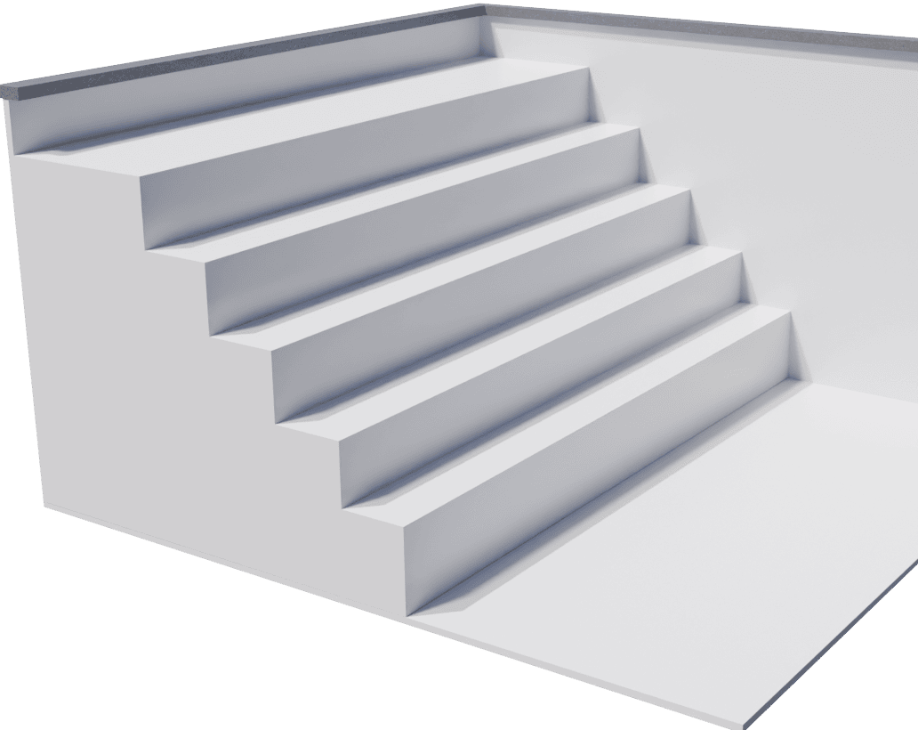 3D-Modell einer breiten, weißen Pool-Ecktreppe mit fünf Stufen für Fertigbecken vor transparentem Hintergrund