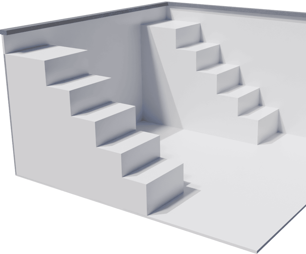 3D-Modell eines Pool-Segments mit zwei gegenüberliegenden weißen Ecktreppen für Fertigbecken vor transparentem Hintergrund