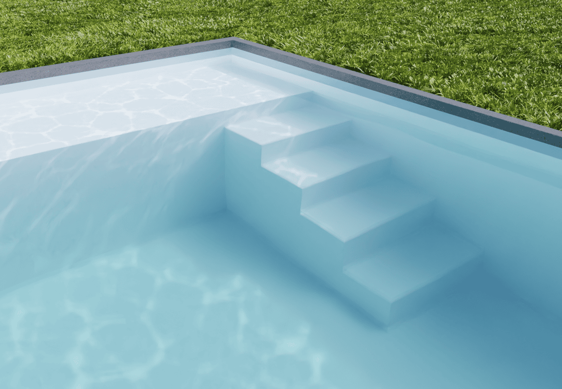 3D-Visualisierung einer weißen Pool-Ecktreppe in einem hellblauen Pool