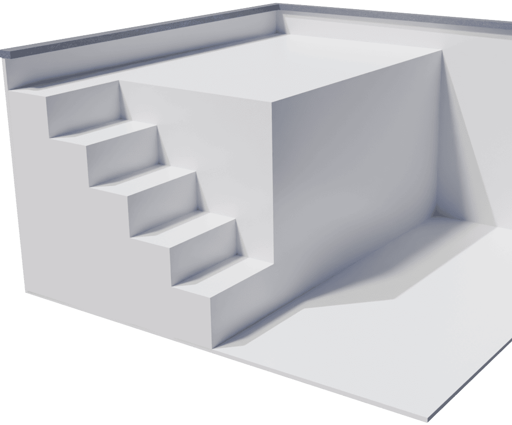 3D-Modell eines Pool-Segments mit weißer Ecktreppe und integrierter breiter Sitzbank- oder Liegefläche vor transparentem Hintergrund, Plage, Pool
