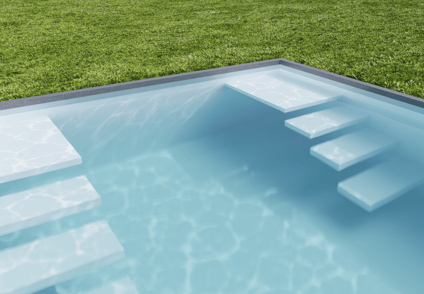 3D-Visualisierung eines hellblauen Poolbeckens mit symmetrischen freistehenden Ecktreppen